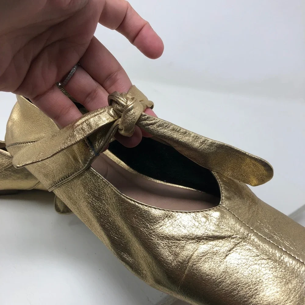 Vicenza Ballet Flats 8 Womens Gold Metallic Square Toe Knotted Strap Leather